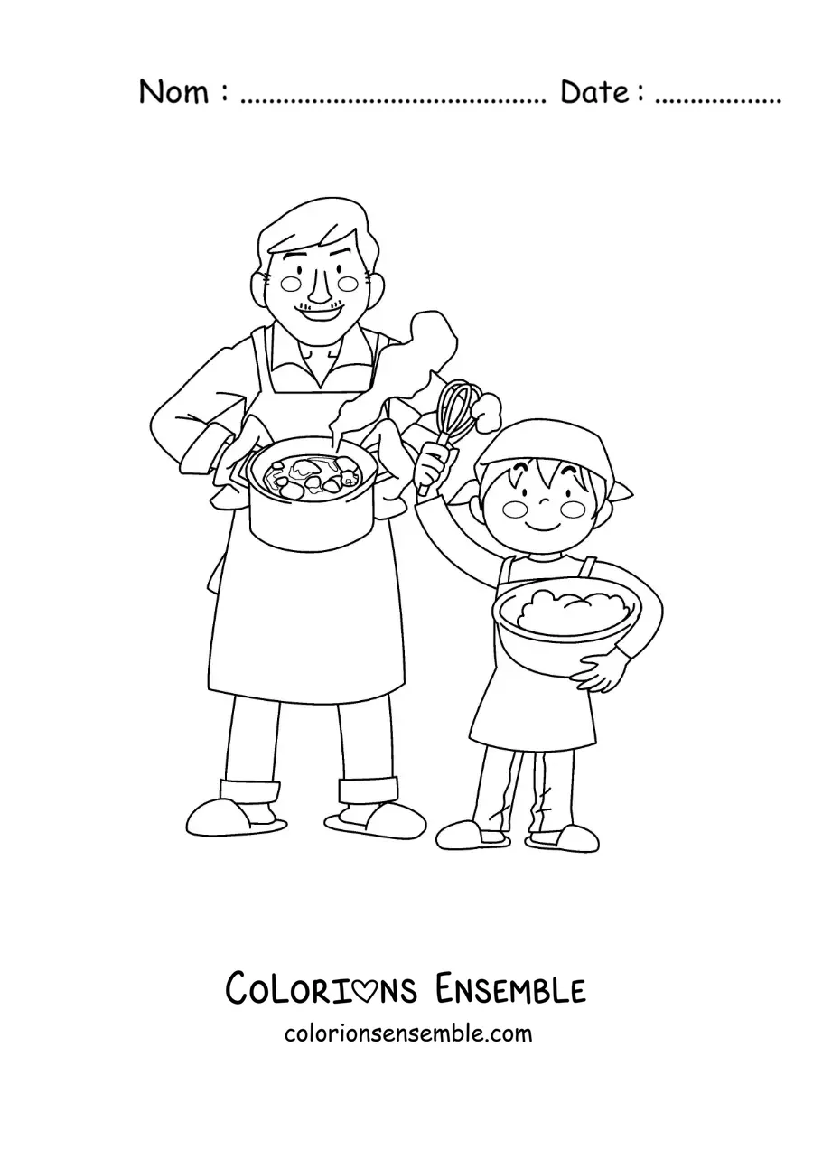 Image à colorier d'un garçon qui aide son papa à cuisiner à la maison