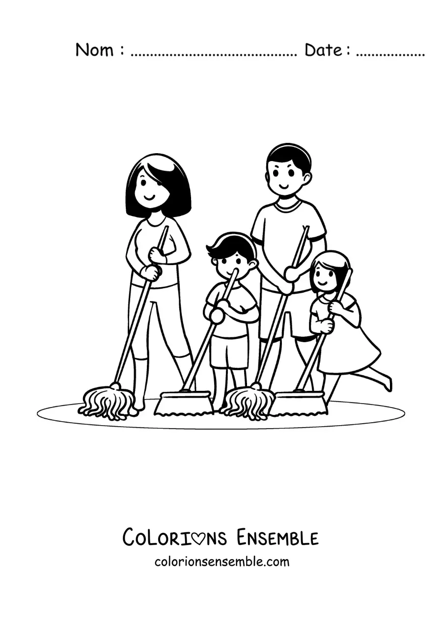 Image à colorier d'une famille qui nettoie la maison