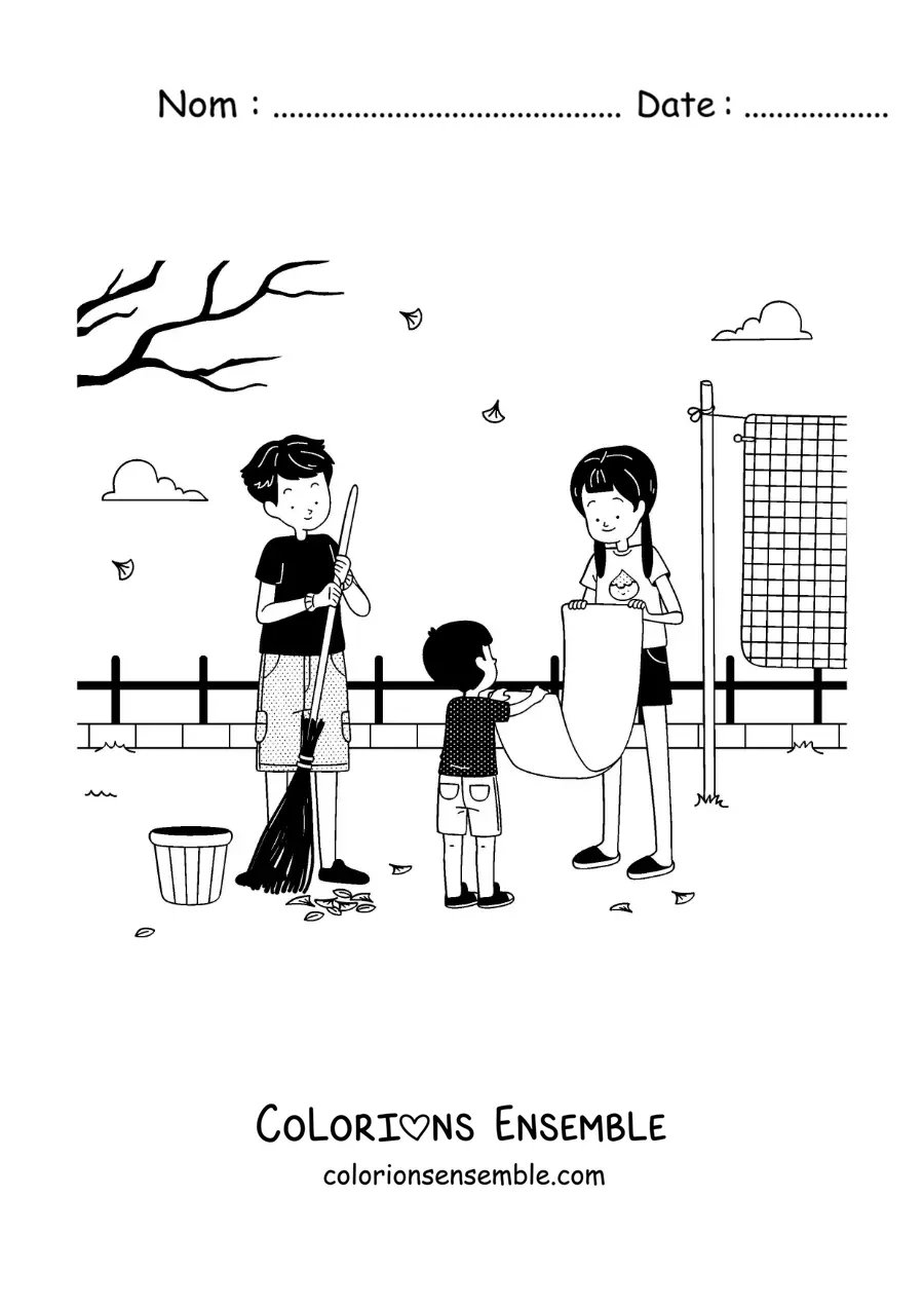 Image à colorier d'enfants qui aident leur mère à ranger la cour