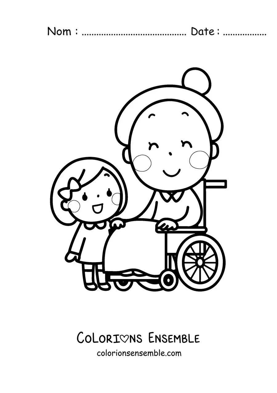 Image à colorier d'une mamie kawaii assise à côté de sa petite-fille debout
