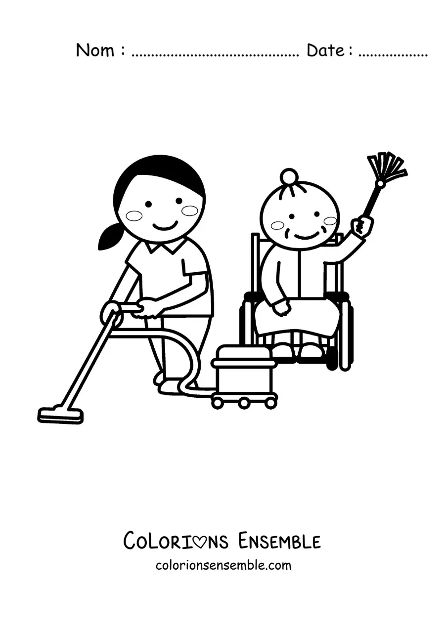 Image à colorier d'une fille et d'une grand-mère qui nettoient la maison