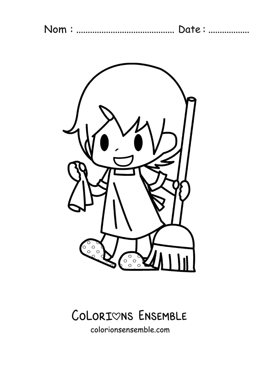 Image à colorier d'une fille kawaii avec un balai pour nettoyer le sol