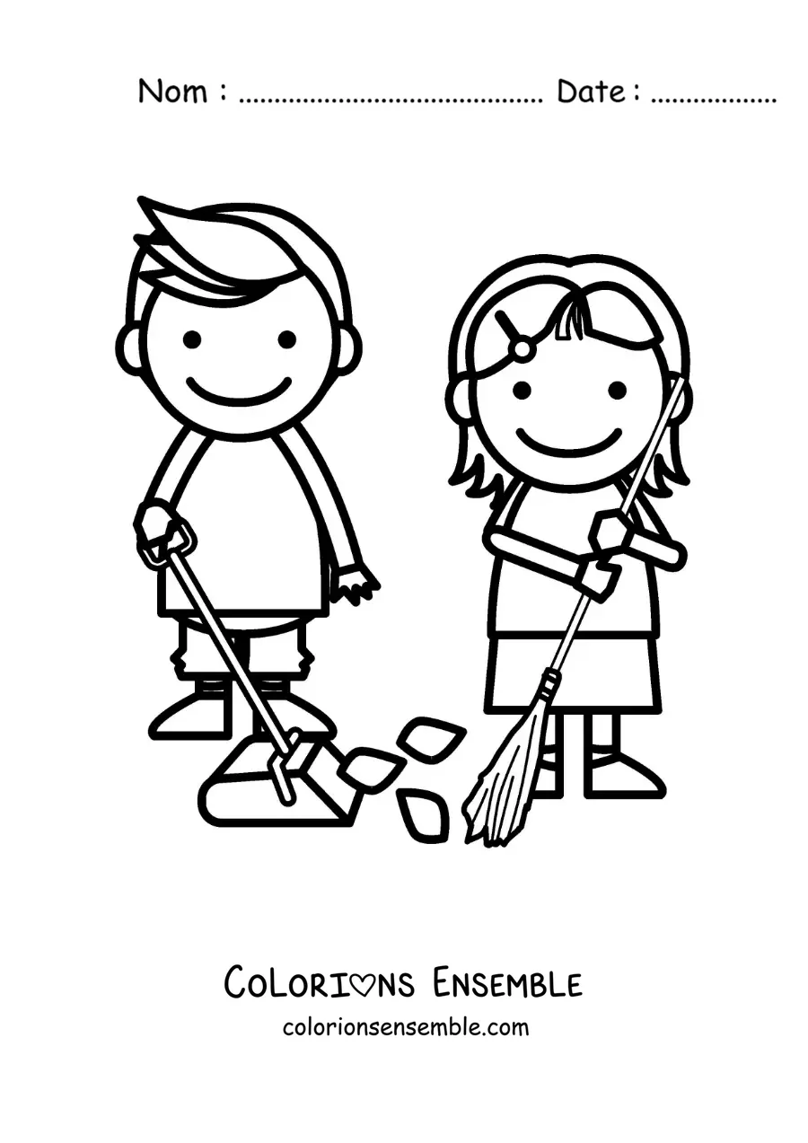 Image à colorier de deux enfants qui balaient à la maison