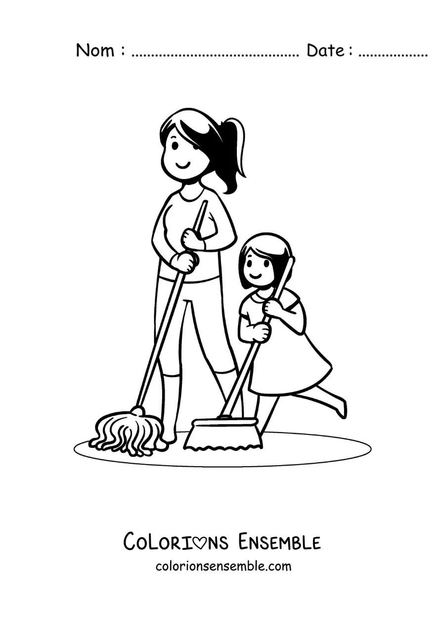 Image à colorier d'une mère et de sa fille qui balaient le sol