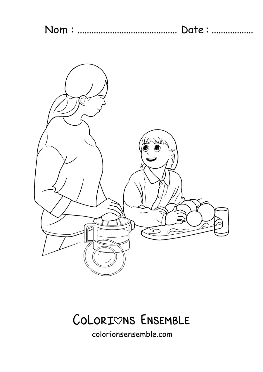 Image à colorier d'une mère et de sa fille qui cuisinent