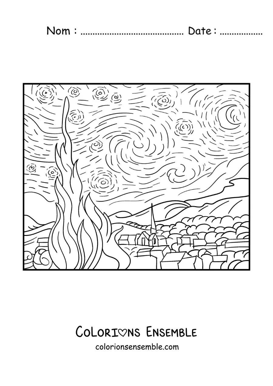 Image à colorier de La Nuit étoilée de Van Gogh