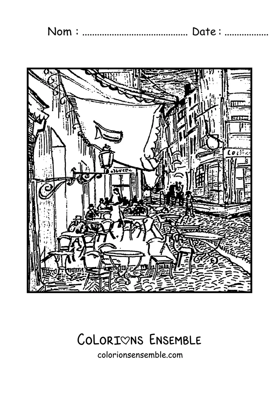 Image à colorier de la terrasse du café le soir de Van Gogh