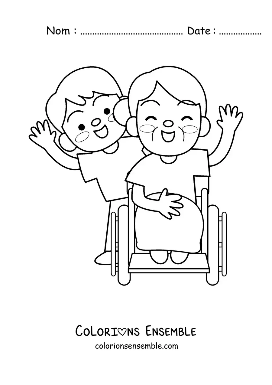 Image à colorier d'une mamie kawaii en fauteuil roulant poussée par son petit-fils