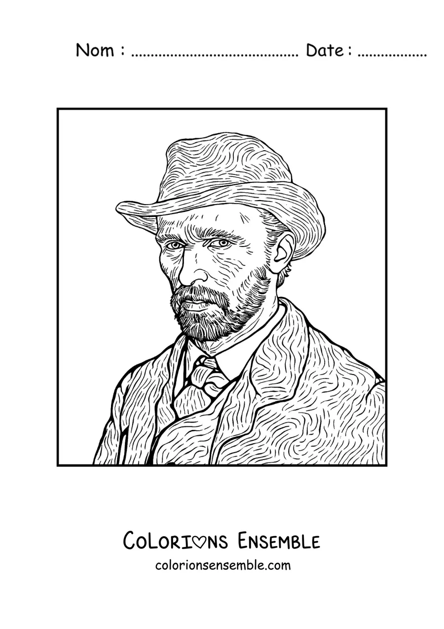 Image à colorier de l'autoportrait au chapeau de Van Gogh