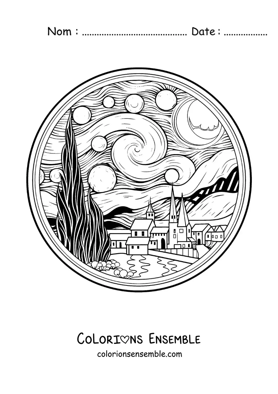 Image à colorier de La nuit étoilée pour les enfants