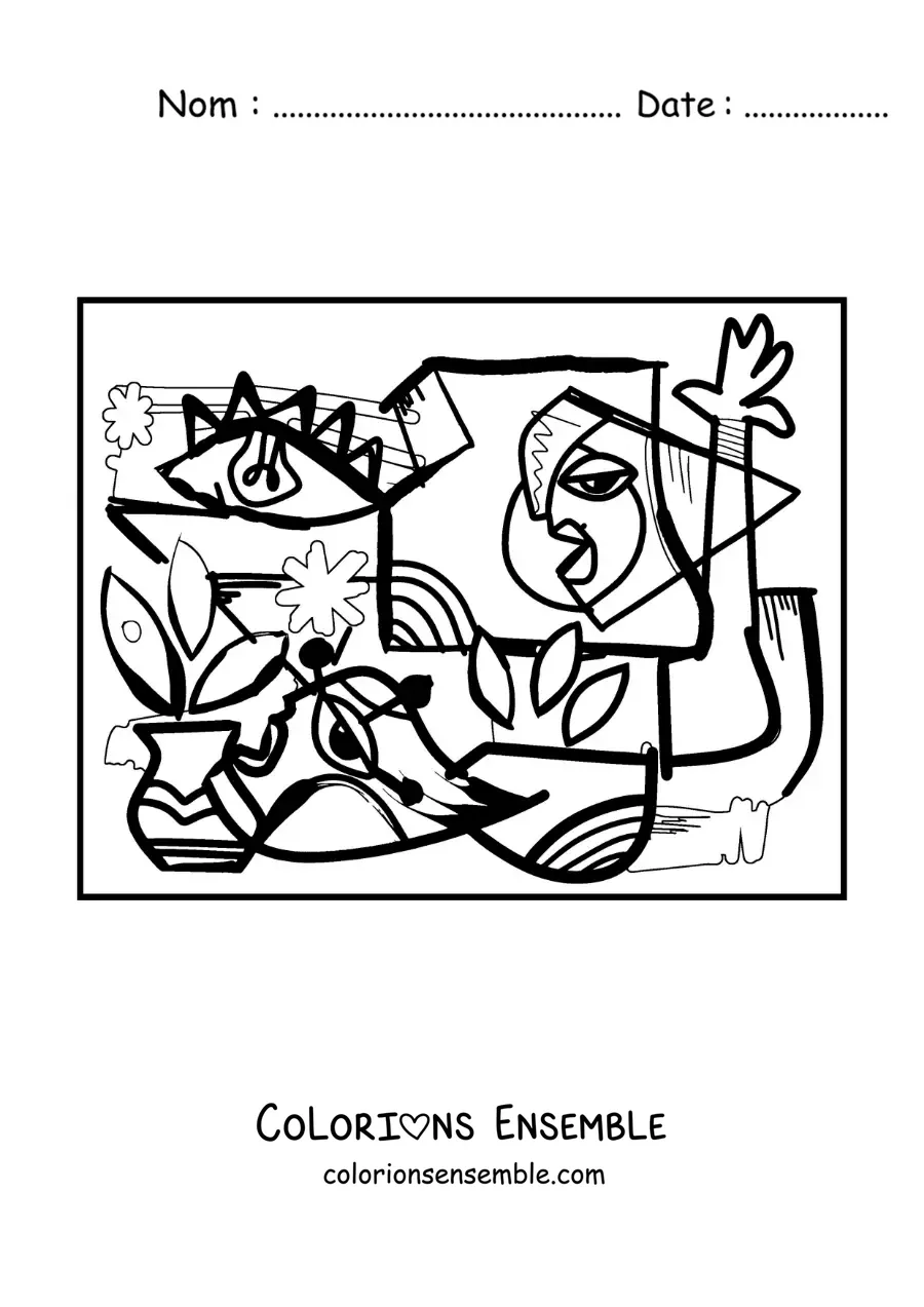 Image à colorier d'une peinture dans le style de Picasso pour les enfants