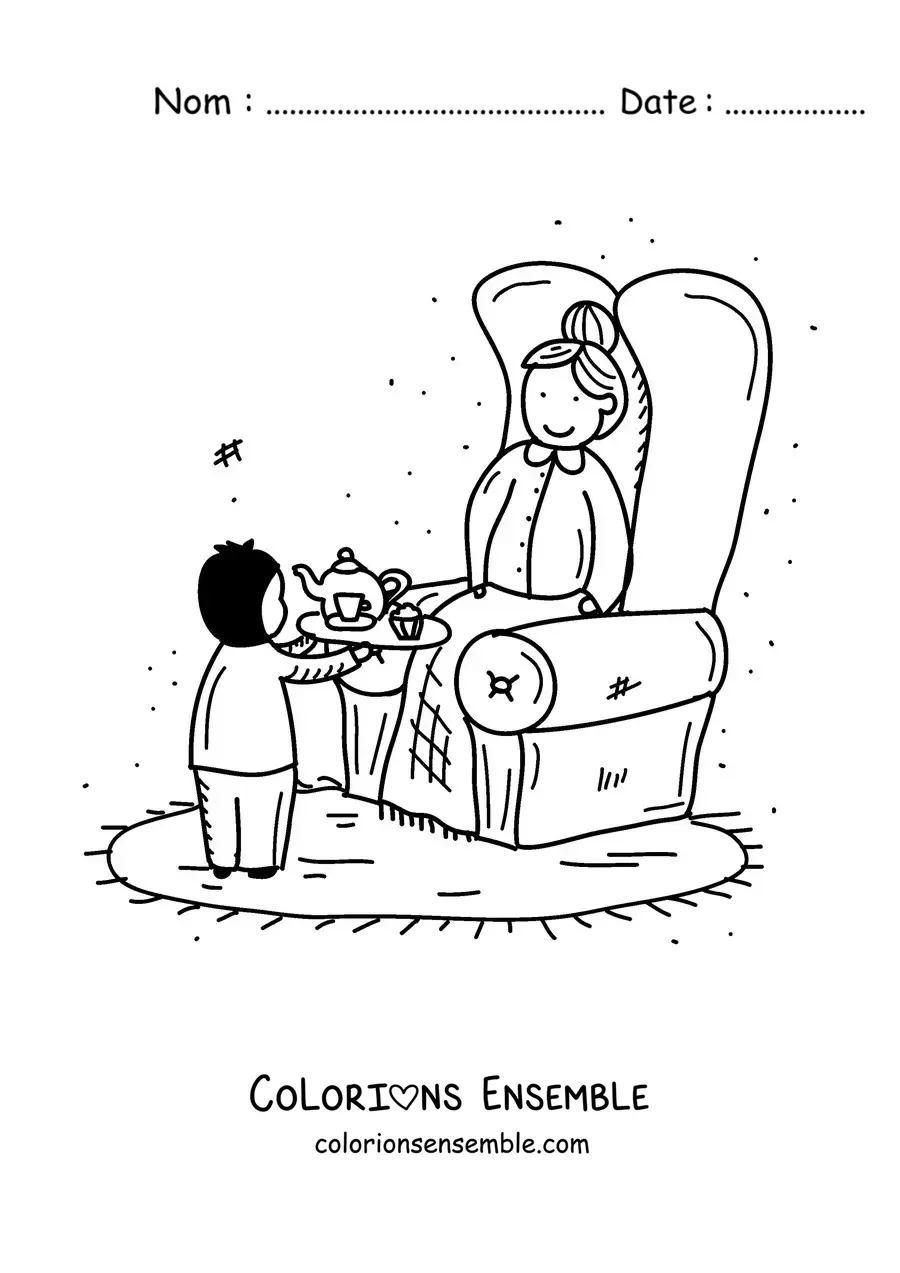 Image à colorier d'une mamie assise pendant que son petit-fils lui sert le thé