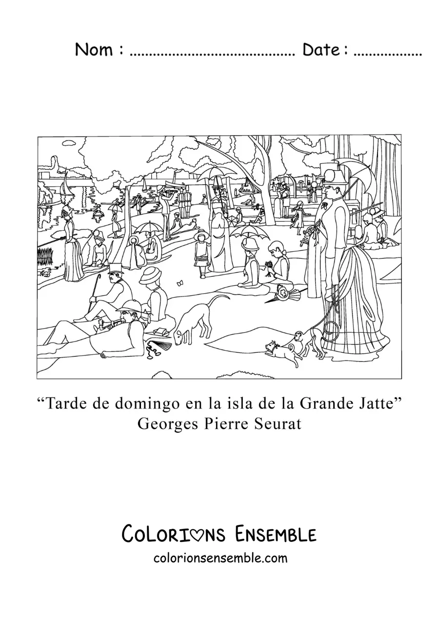 Image à colorier d'Un dimanche après-midi à l'île de la Grande Jatte de Georges Pierre Seurat