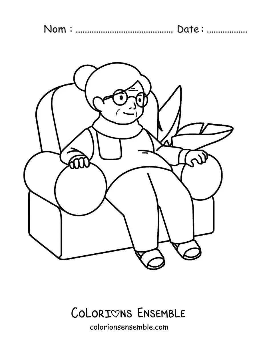 Image à colorier d'une mamie assise dans un fauteuil