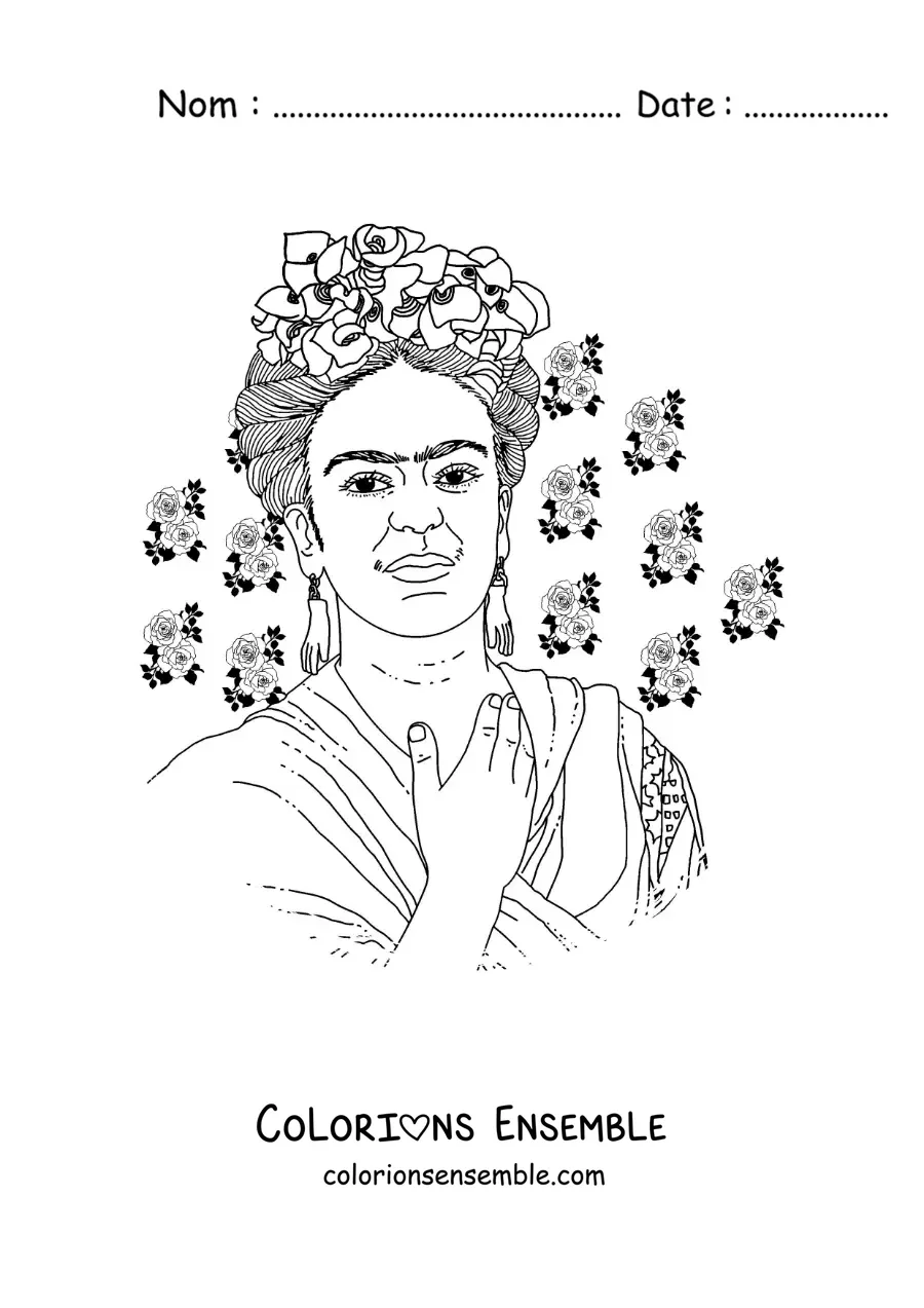 Image à colorier d'un portrait de Frida Kahlo avec des fleurs
