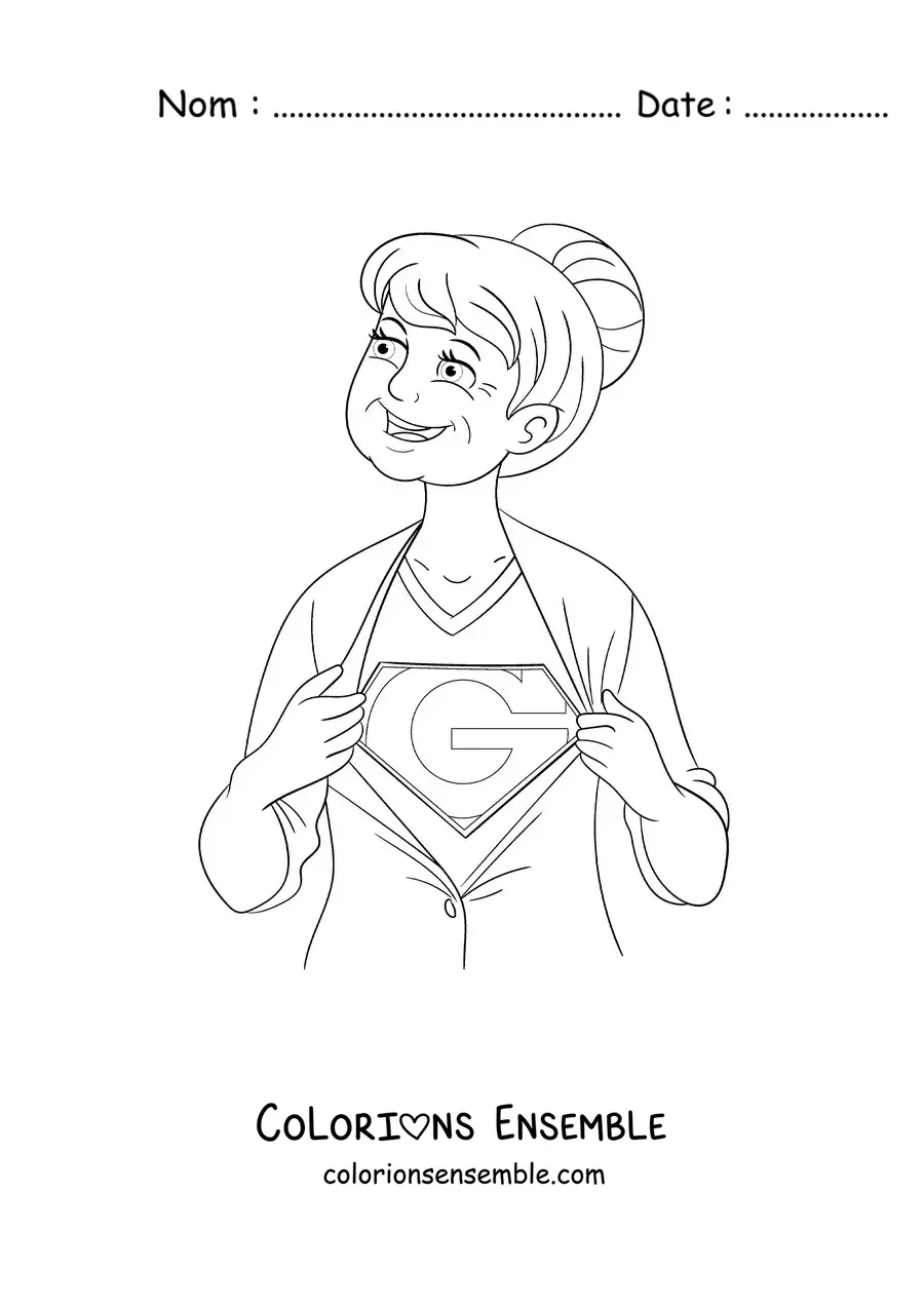 Image à colorier d'une mamie en costume de super-héroïne