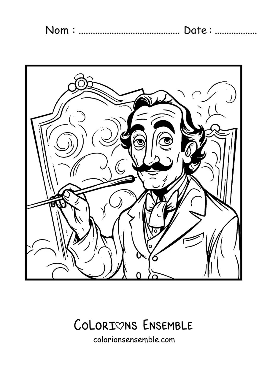 Image à colorier de Salvador Dalí, version dessin animé, en train de peindre