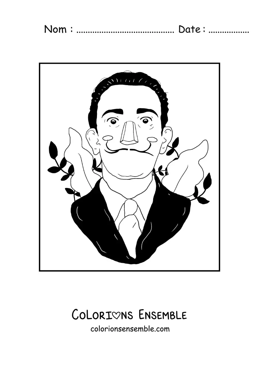 Image à colorier d'un portrait en dessin animé de Salvador Dalí