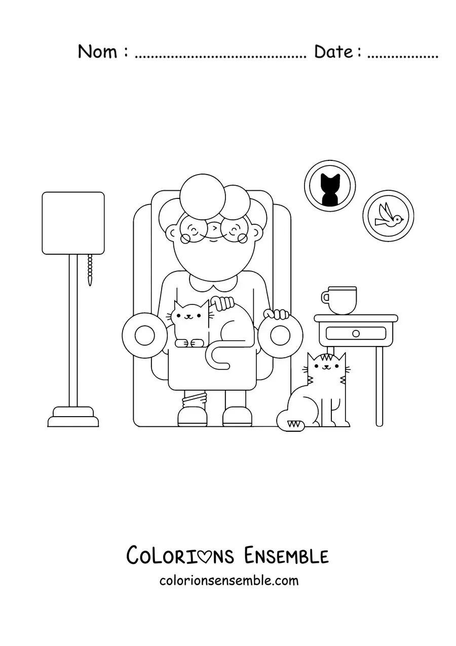 Image à colorier d'une mamie assise dans un salon avec des chats