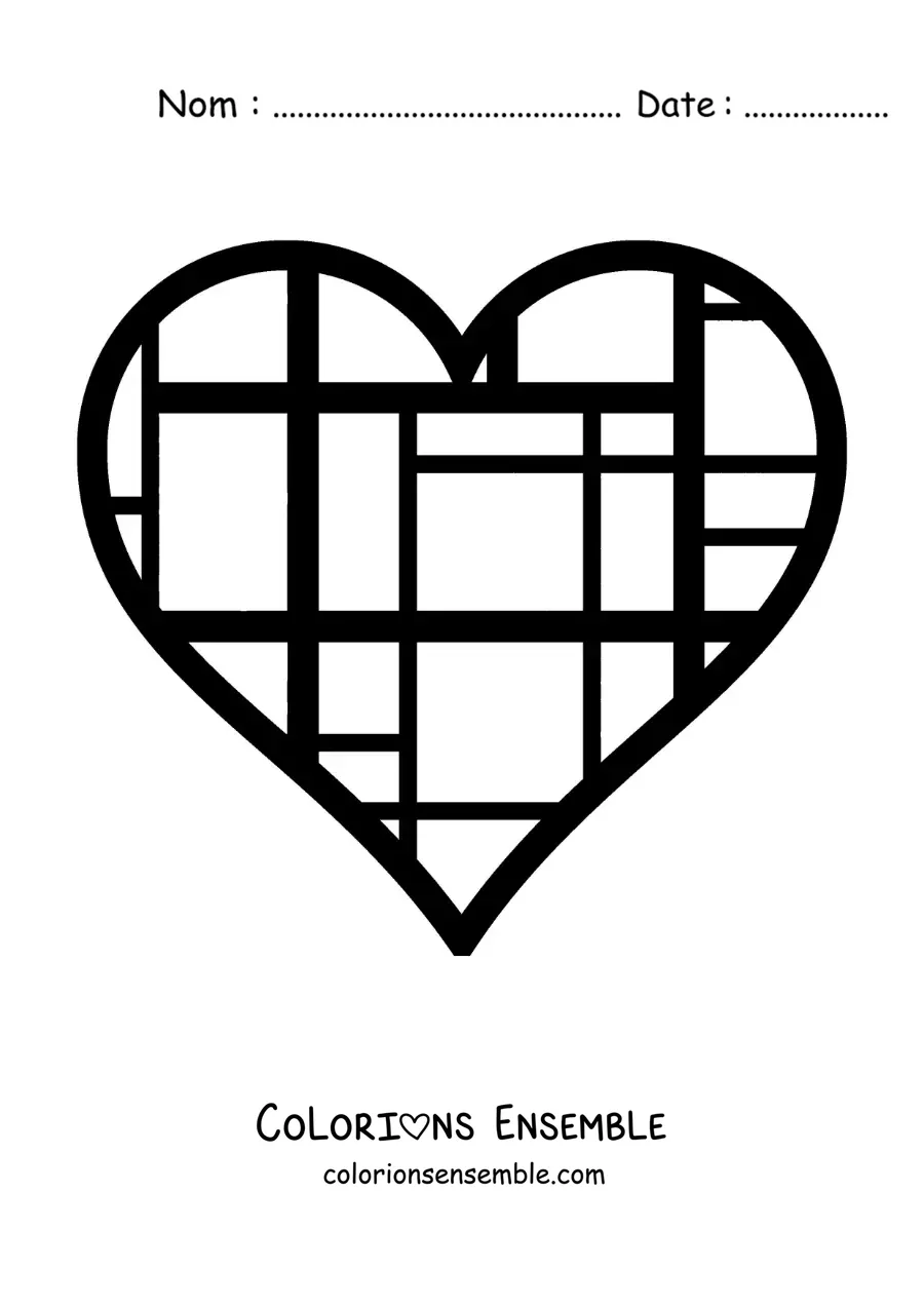 Image à colorier d'un cœur dans le style de Mondrian pour les enfants
