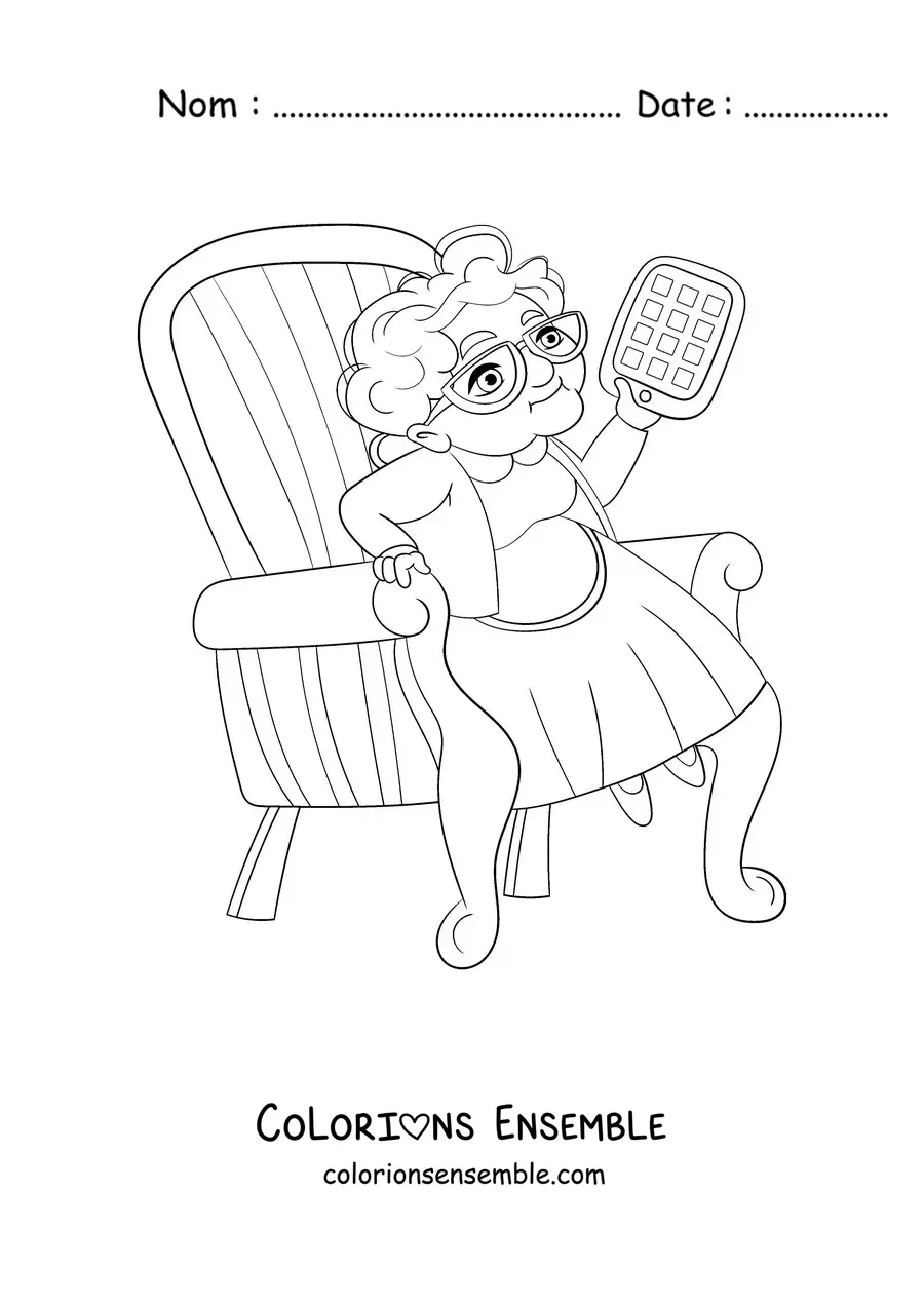 Image à colorier d'une mamie qui tient une tablette