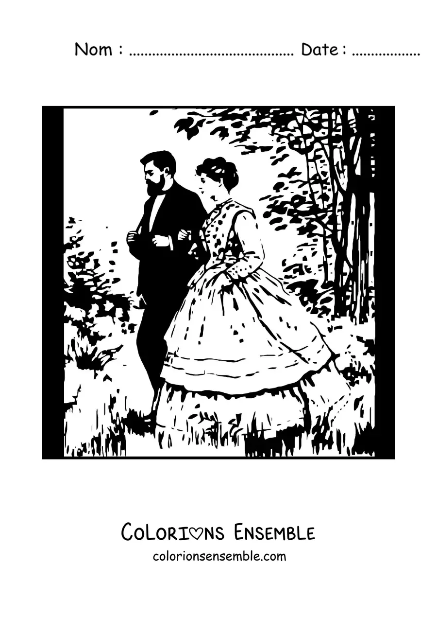 Image à colorier d'un portrait impressionniste d'un couple dans le style de Monet