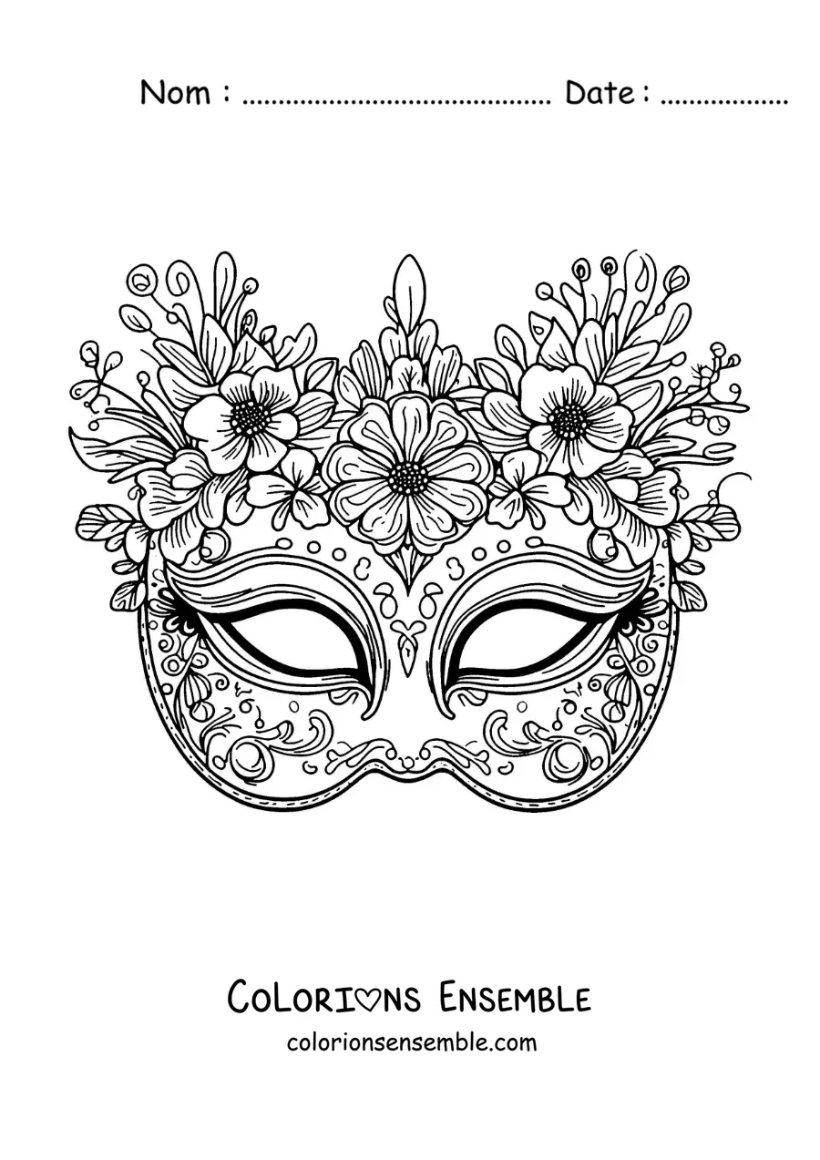 Image à colorier d'un loup de carnaval avec des fleurs