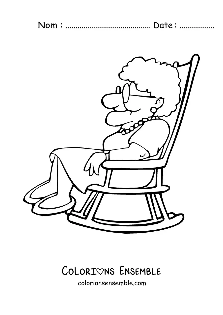 Image à colorier d'une mamie assise de profil dans un rocking-chair