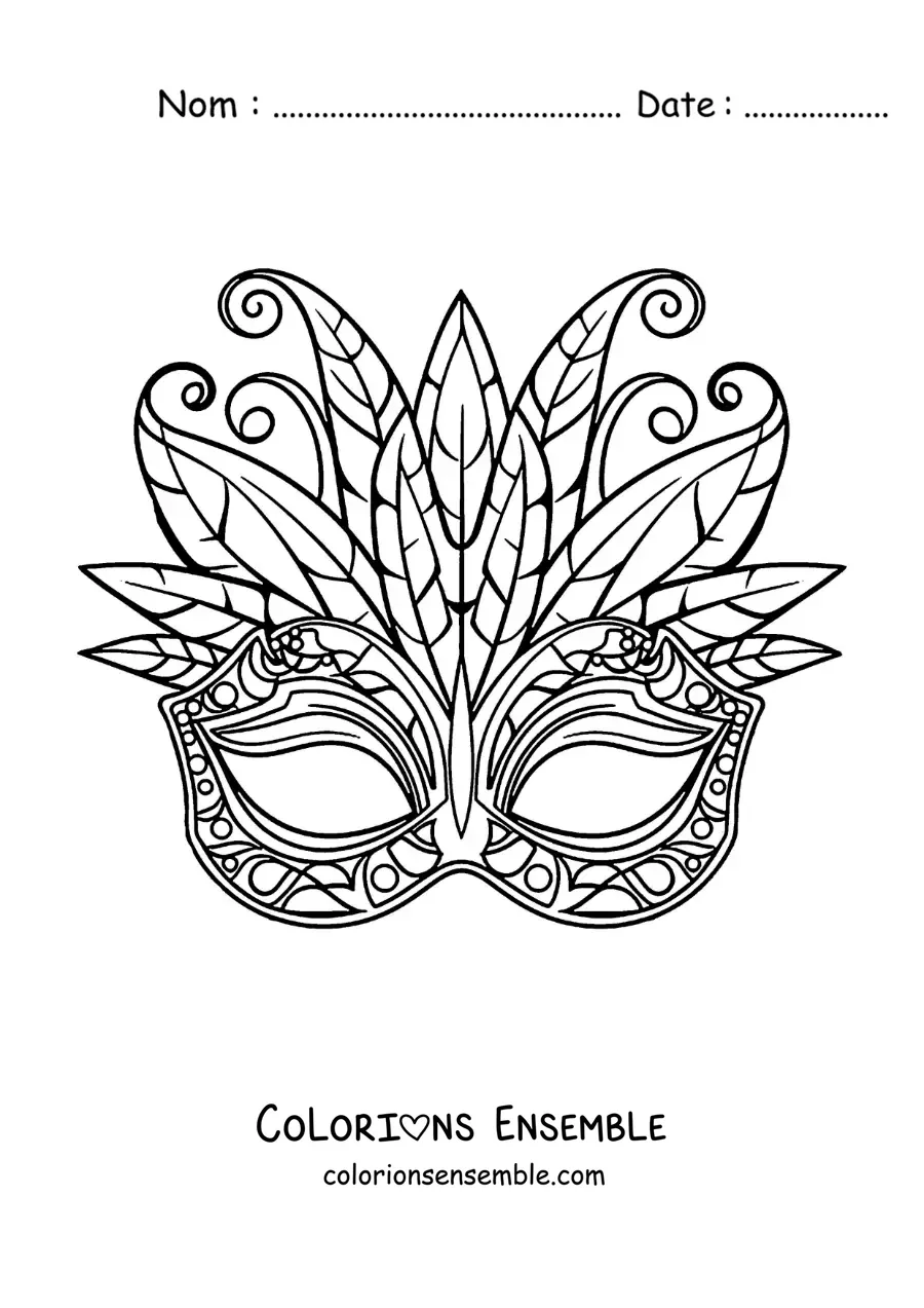 Image à colorier d’un masque de carnaval avec des formes géométriques et des plumes
