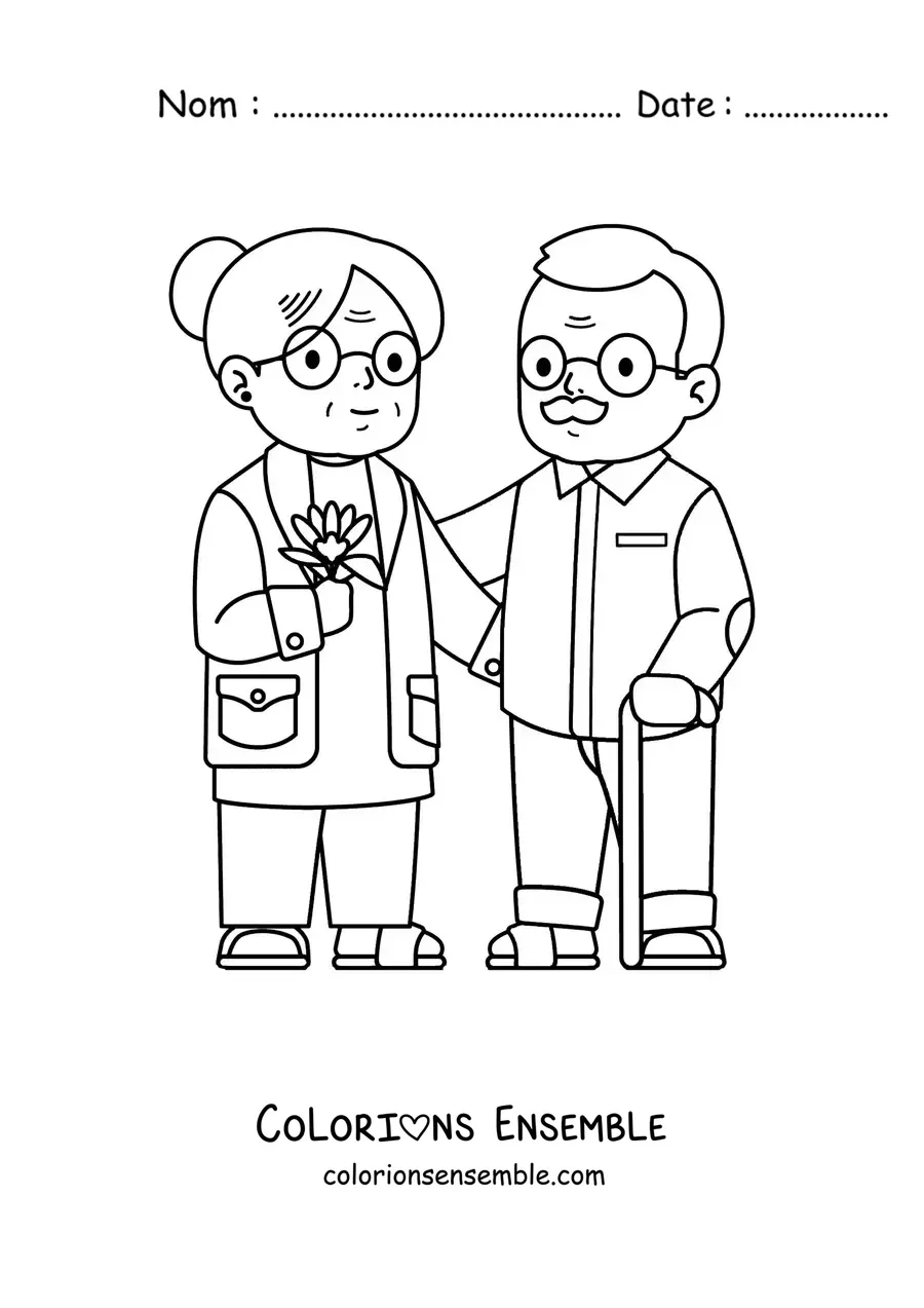 Image à colorier d'une mamie à côté d'un papi avec une canne