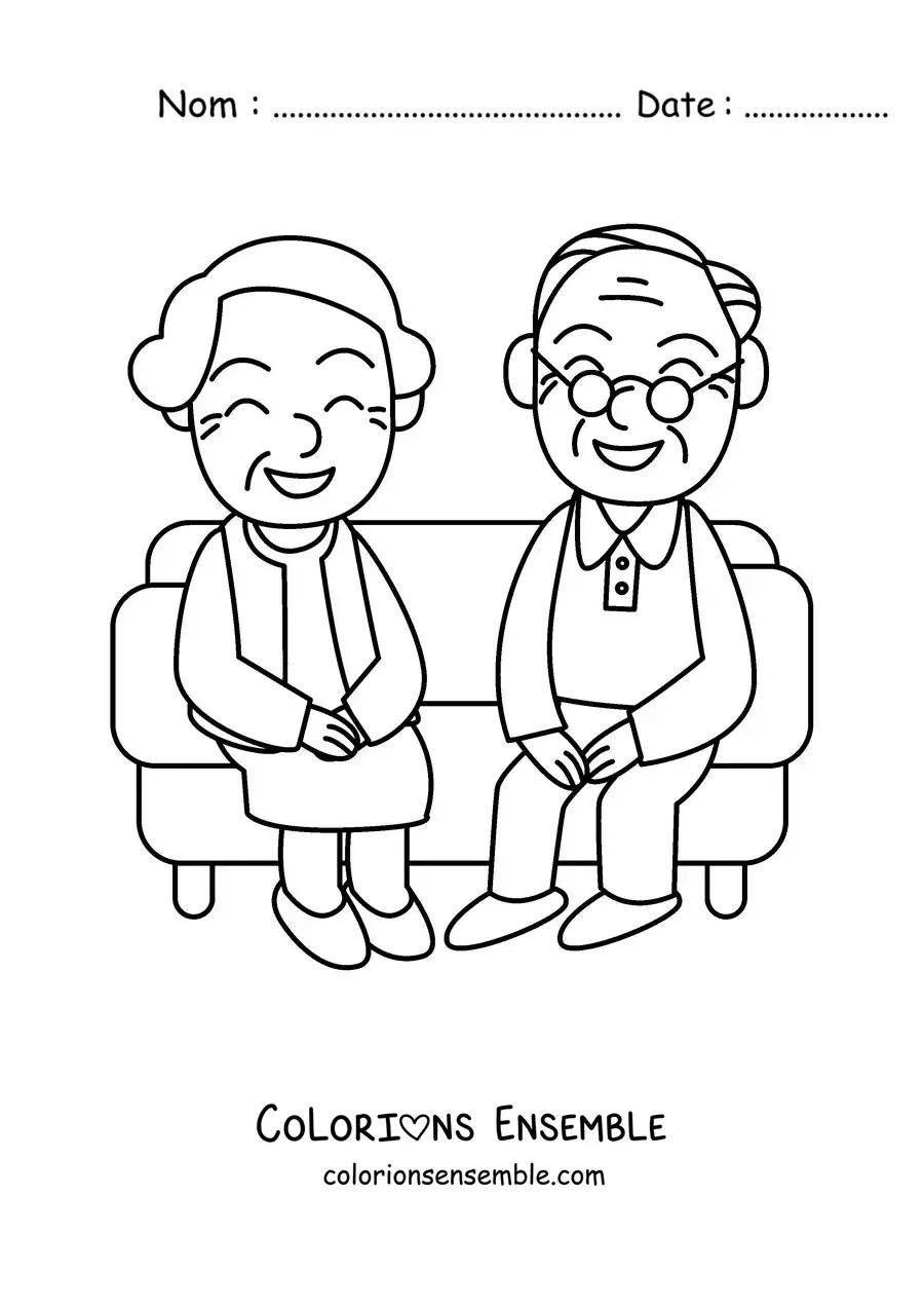 Image à colorier d'une mamie et d'un papi assis sur un canapé