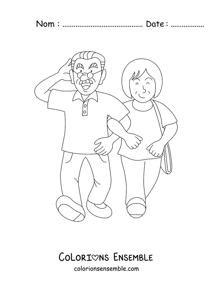 Image à colorier d'une mamie et d'un papi qui marchent ensemble