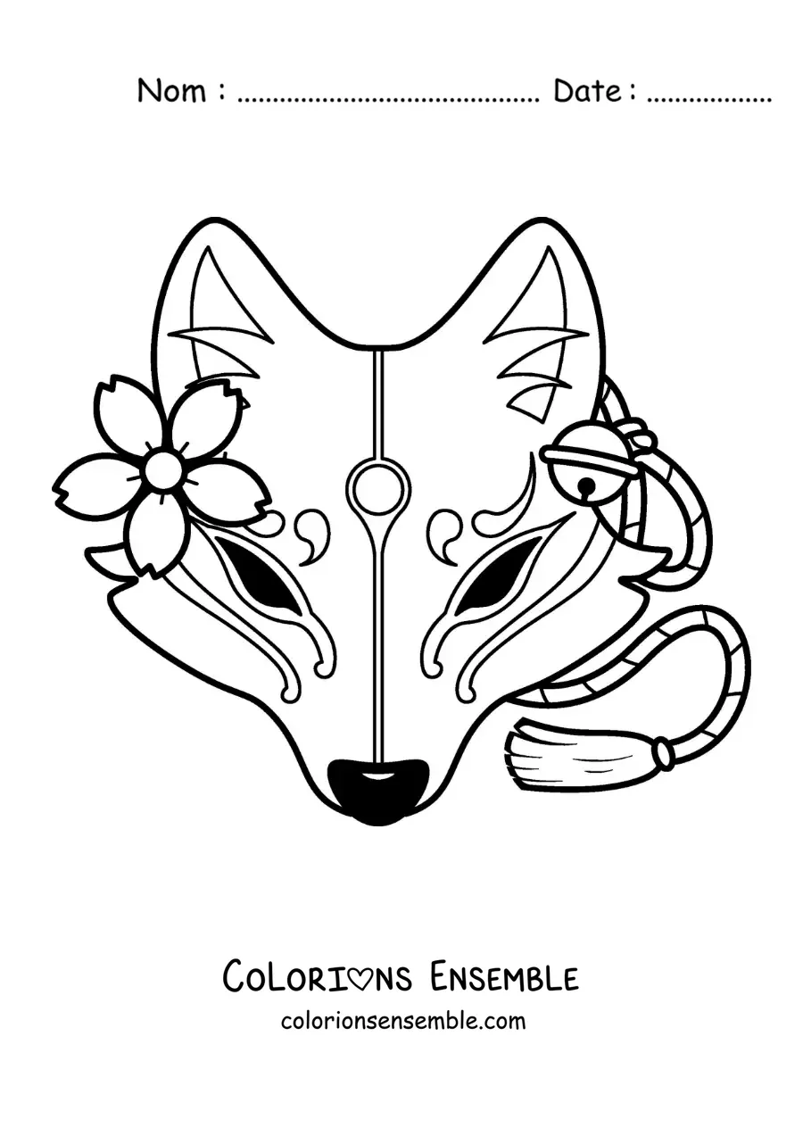 Image à colorier d’un masque japonais Kitsune façon dessin animé