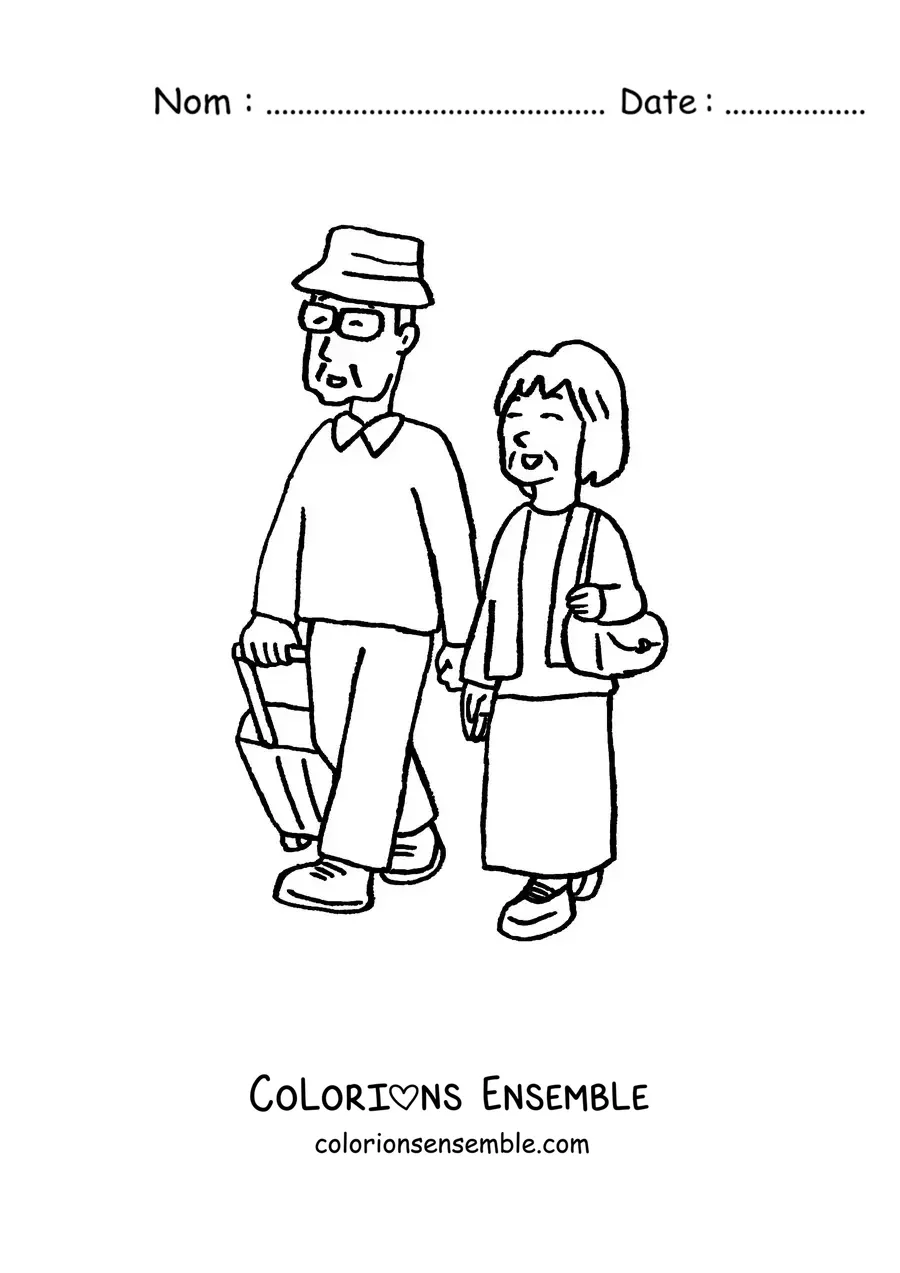 Image à colorier d'une mamie et d'un papi avec leurs bagages de voyage