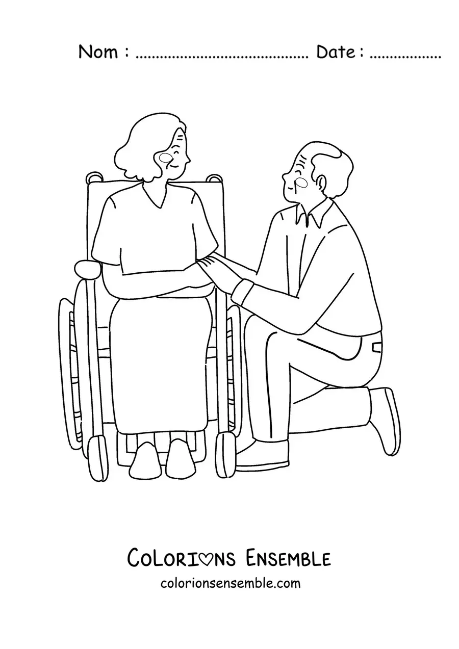 Image à colorier d'un papi agenouillé à côté d'une mamie en fauteuil roulant