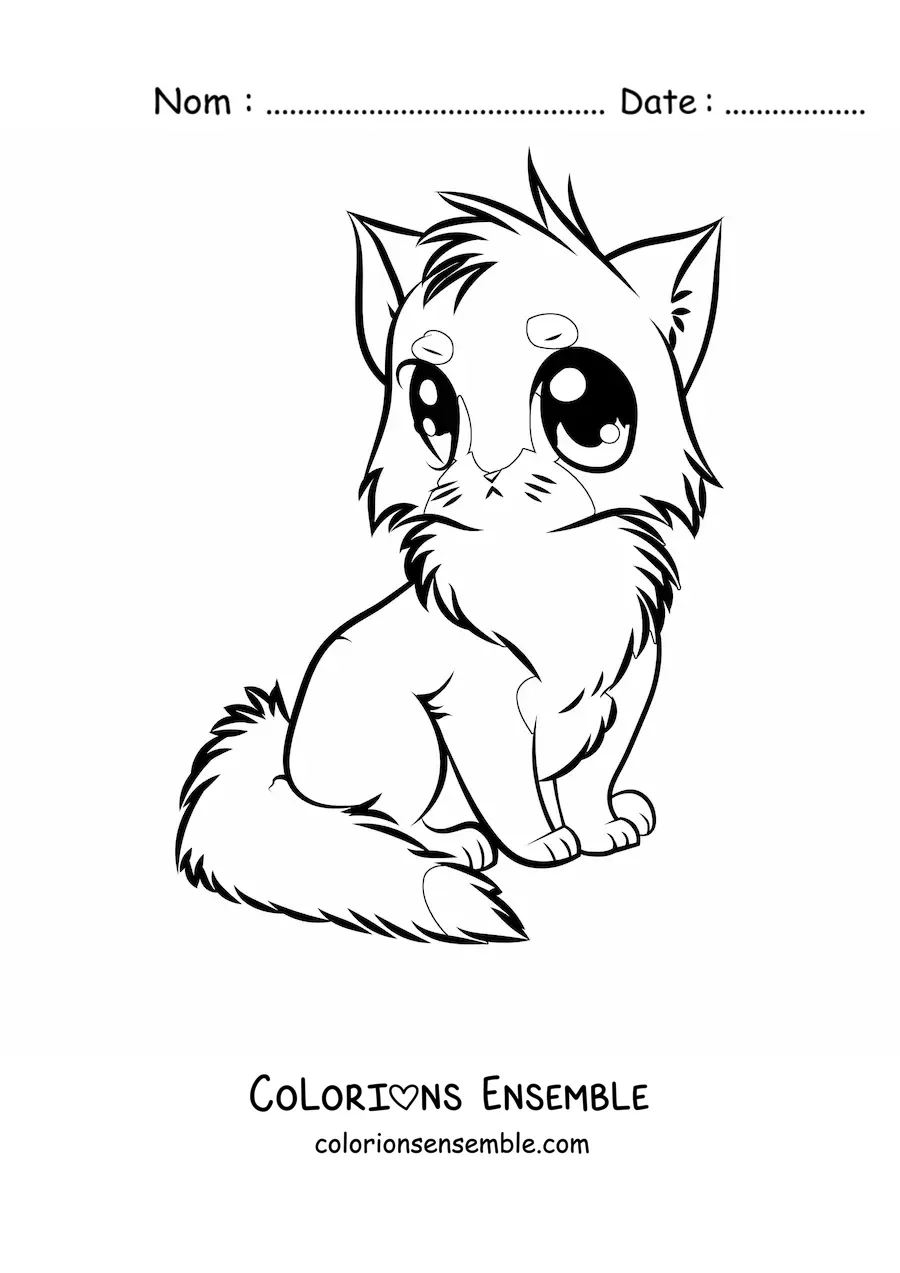 Image à colorier d’un chat assis dans un style anime