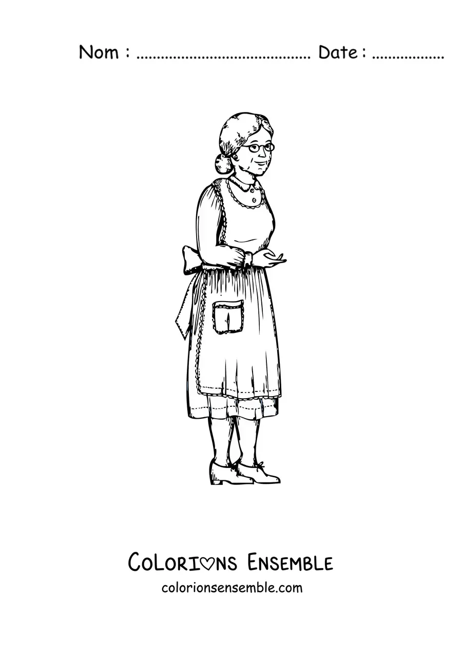 Image à colorier d'une petite mamie avec un tablier et des lunettes