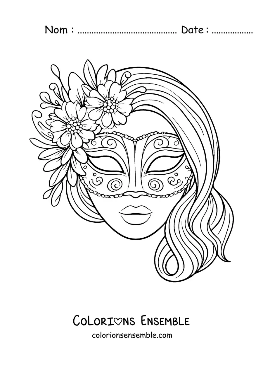 Image à colorier d’un masque de reine du carnaval avec des fleurs pour les filles