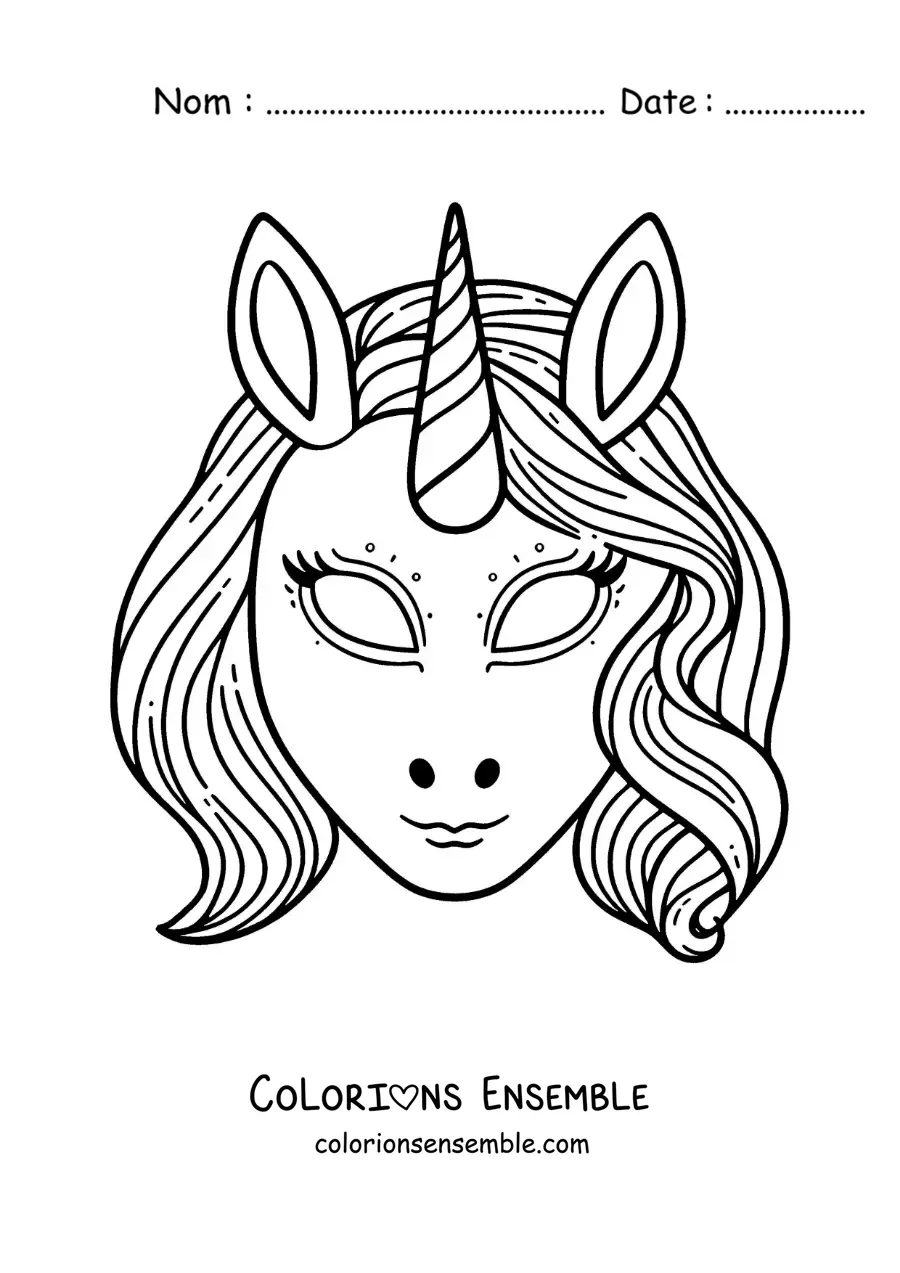 Image à colorier d’un masque de licorne