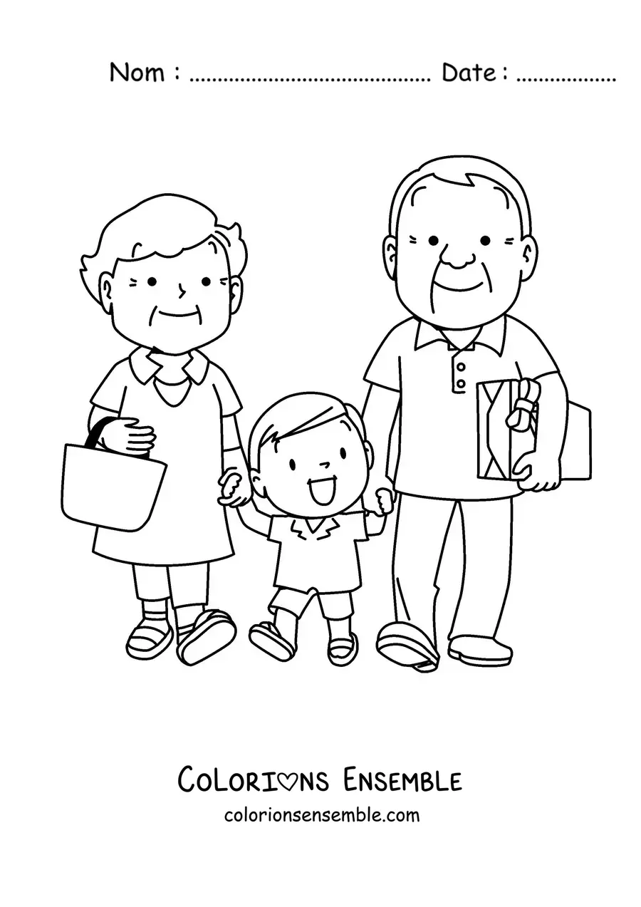 Image à colorier d'un couple de grands-parents qui tiennent leur petit-fils par la main