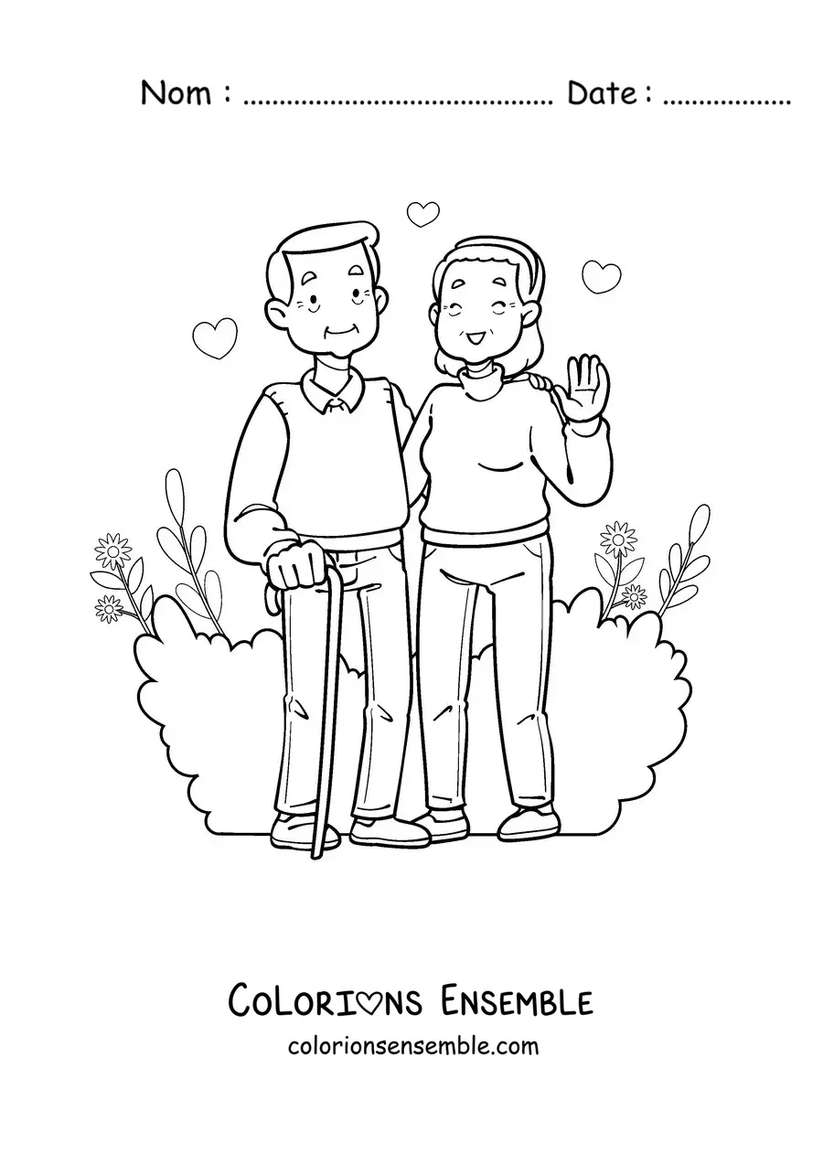 Image à colorier d'un couple de grands-parents qui saluent joyeusement