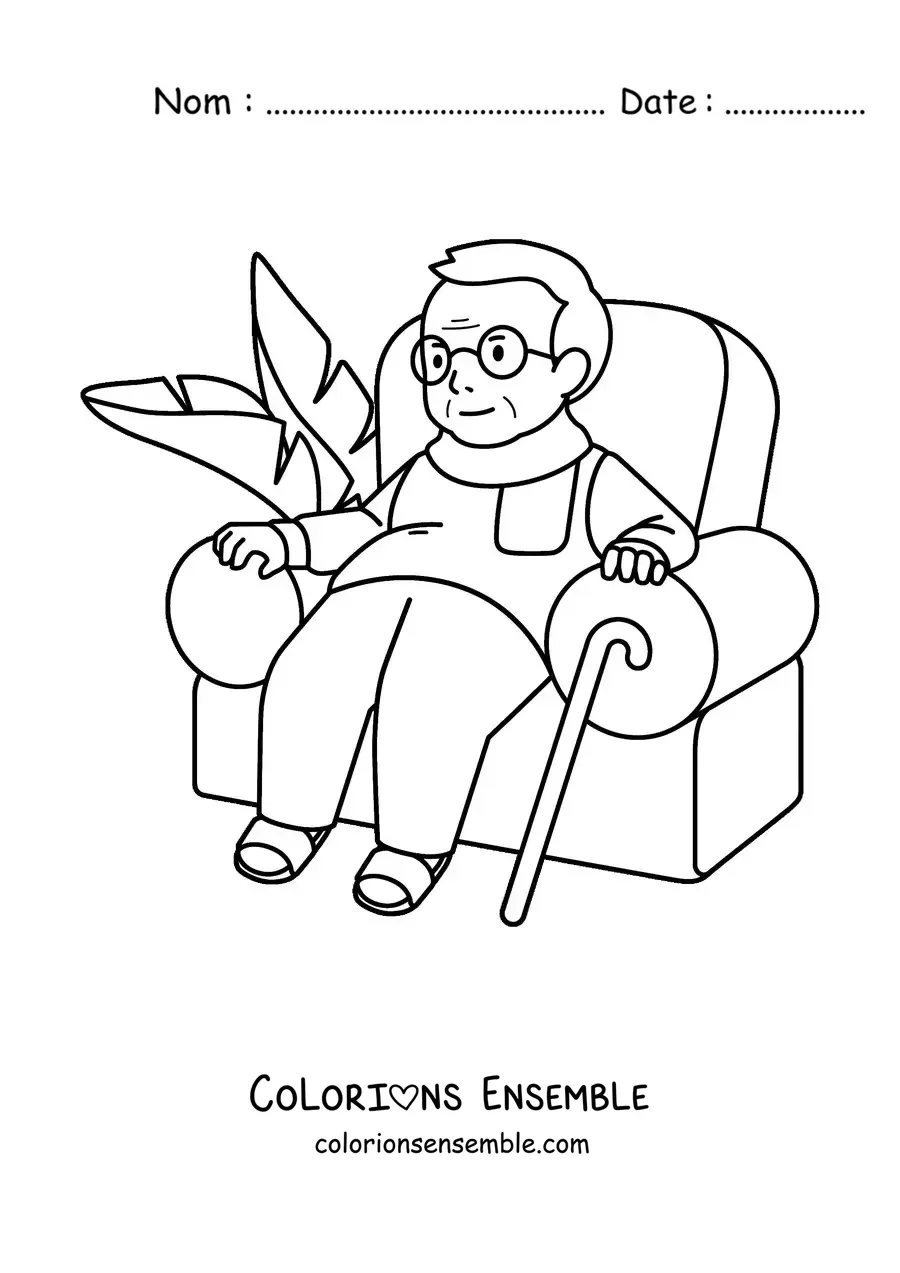 Image à colorier d'un papi avec une canne assis dans un fauteuil