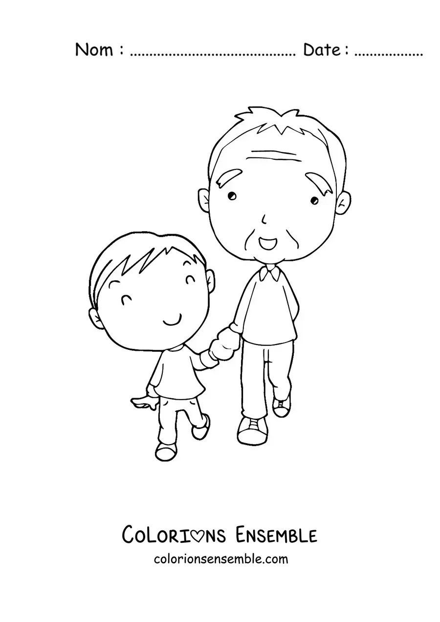 Image à colorier d'un papi kawaii debout à côté de son petit-fils