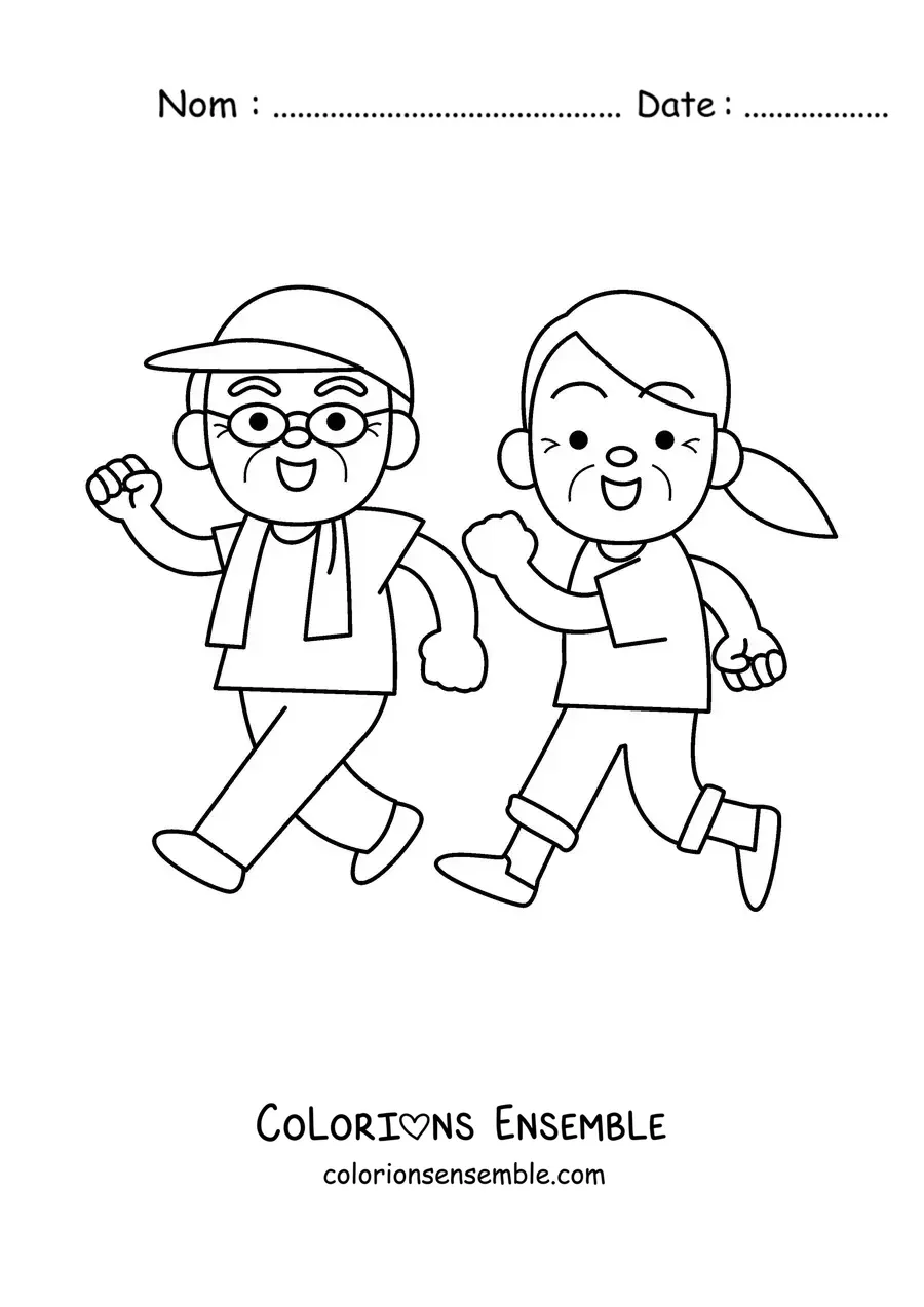 Image à colorier d'un couple de grands-parents qui font de l'exercice