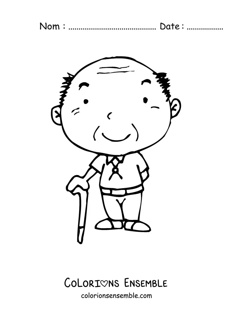 Image à colorier d'un papi kawaii souriant, debout avec une canne