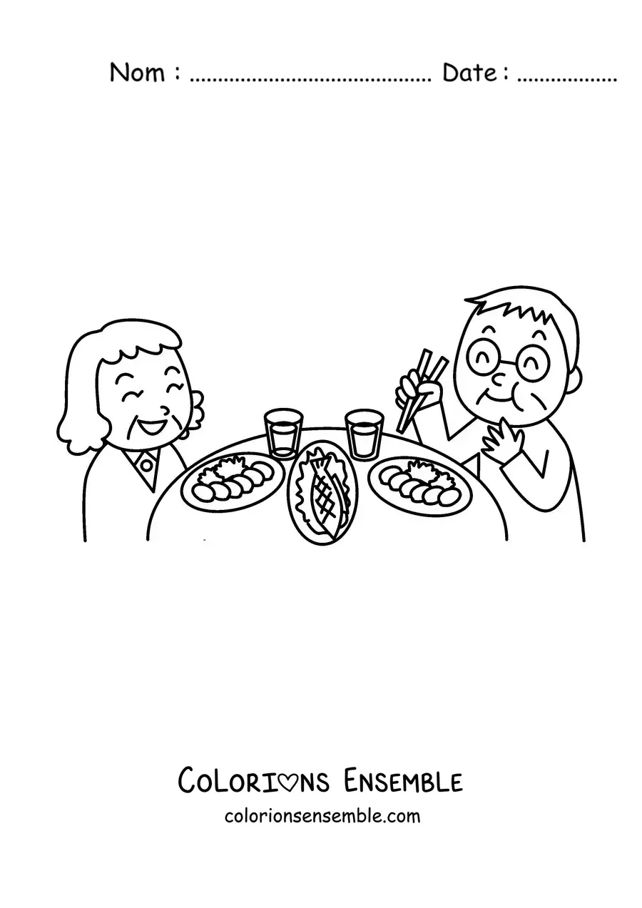 Image à colorier d'un papi et d'une mamie qui dînent