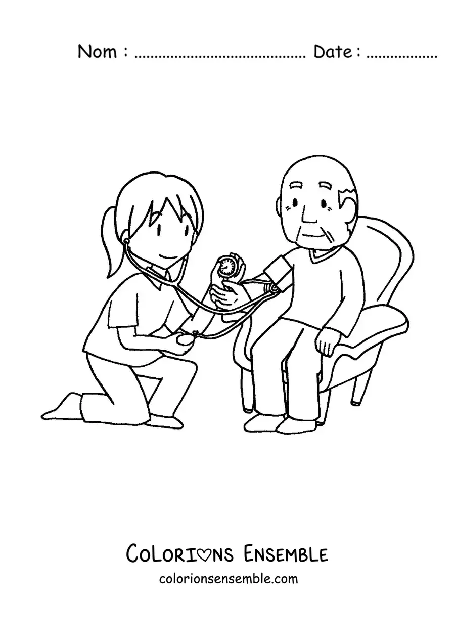 Image à colorier d'un papi à un rendez-vous médical avec une docteure
