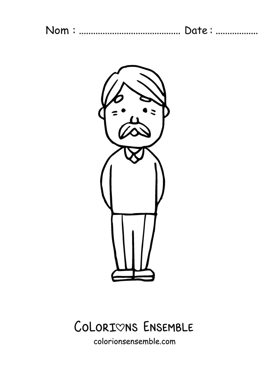 Image à colorier d'un papi debout avec une moustache et un pull