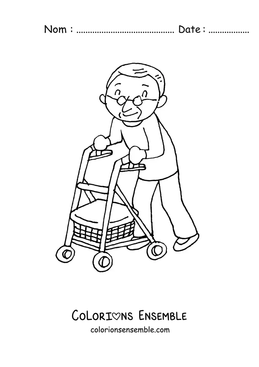 Image à colorier d'un papi kawaii qui marche avec un déambulateur