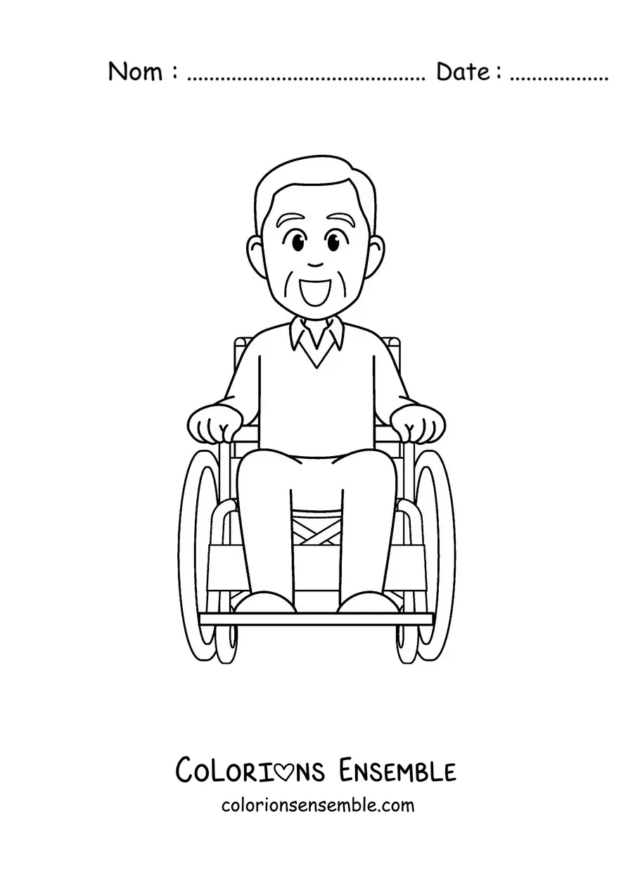 Image à colorier d'un papi kawaii souriant dans un fauteuil roulant